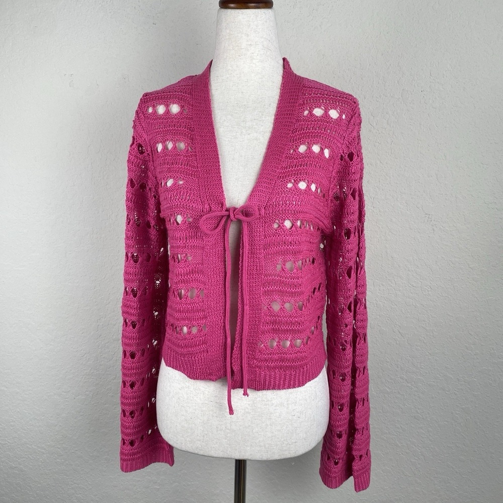 FCT Cardigan Size M Pink Open Knit Flared Sleeve Sheer Y2k Festival Boho Fairy
